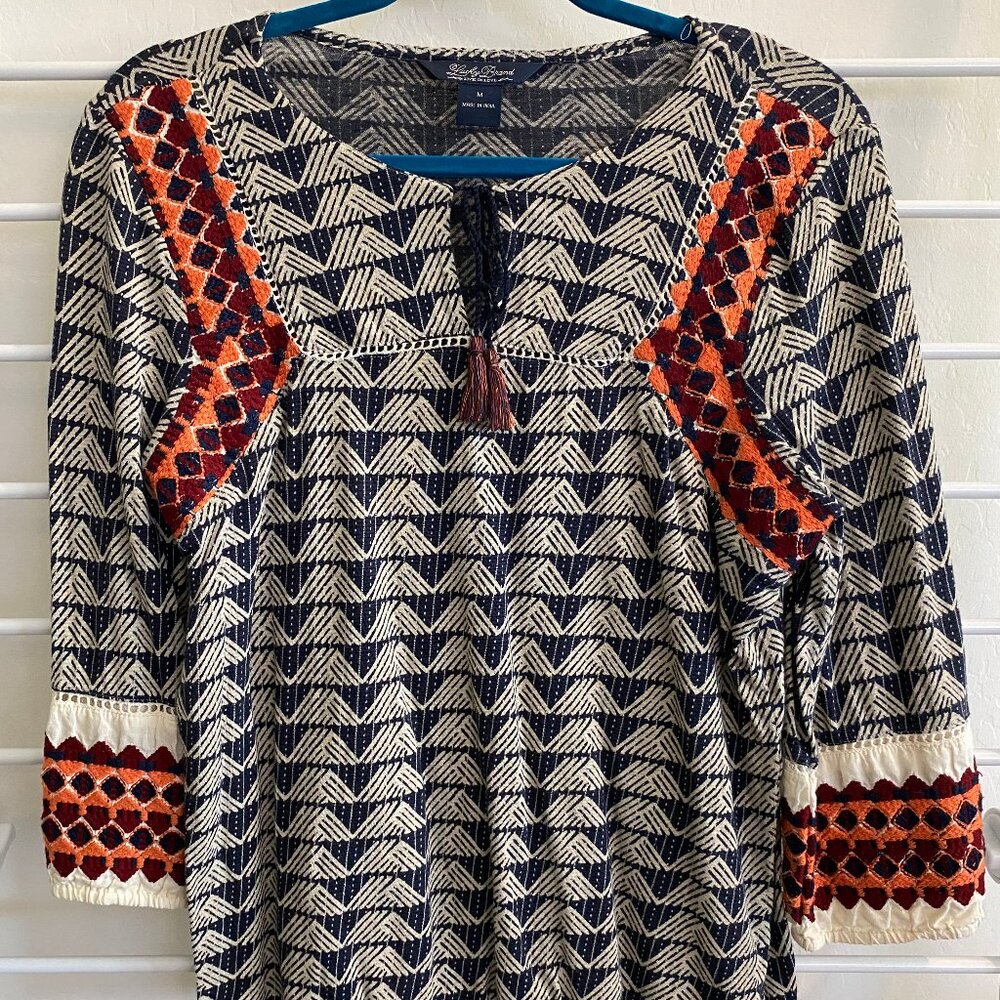 Lucky Brand Long Sleeve Multicolor Embroidered Top; Size Medium